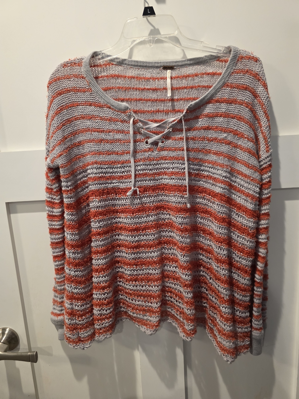 Free People Sweater  Orange Gray Open Knit Crochet Tie Striped Boho Size S